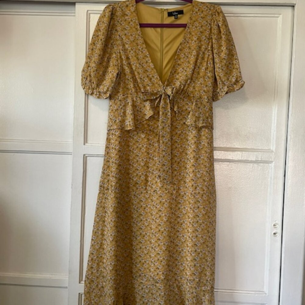 Yellow Floral Print Tiered Midi Dress Med Boho Peasant Ruffle Imperial Waist